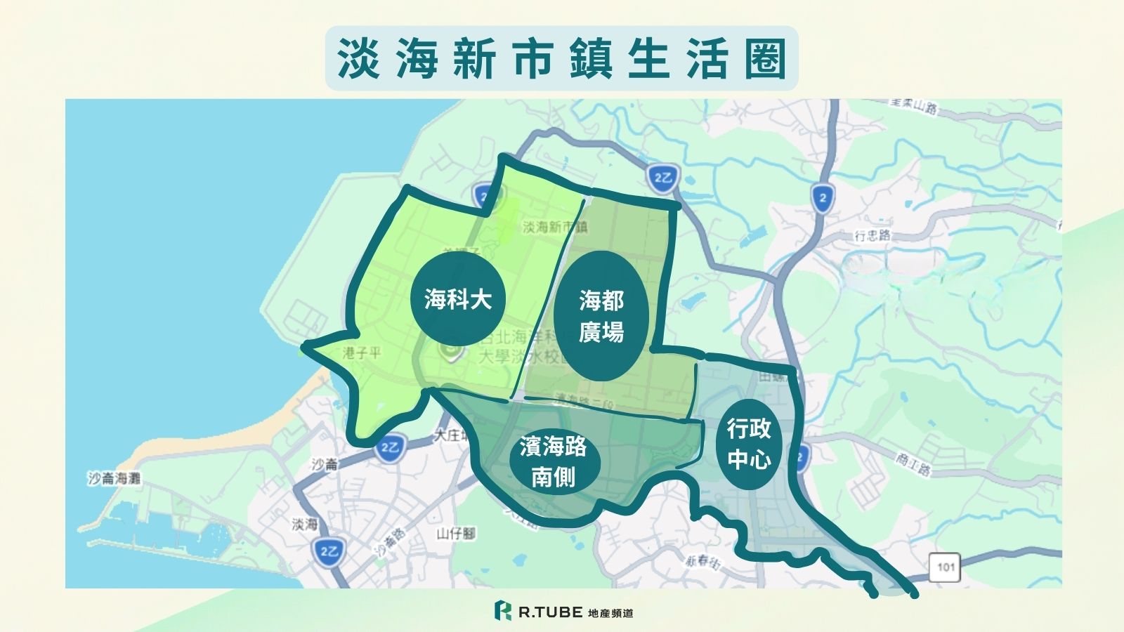 淡海新市鎮生活圈示意圖：海科大、海都廣場、濱海路南側、行政中心