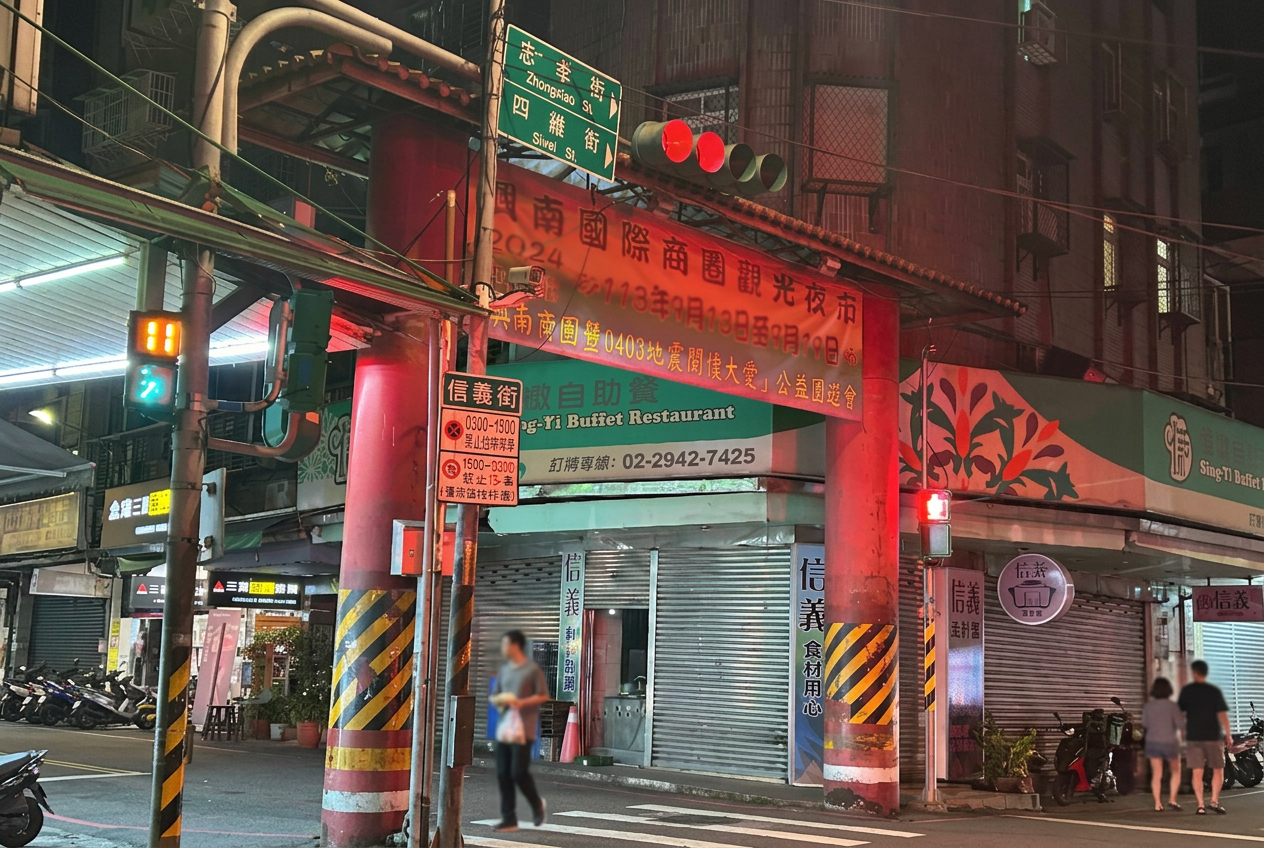 興南夜市入口霓虹招牌夜景,呈現繁華的夜間飲食圈