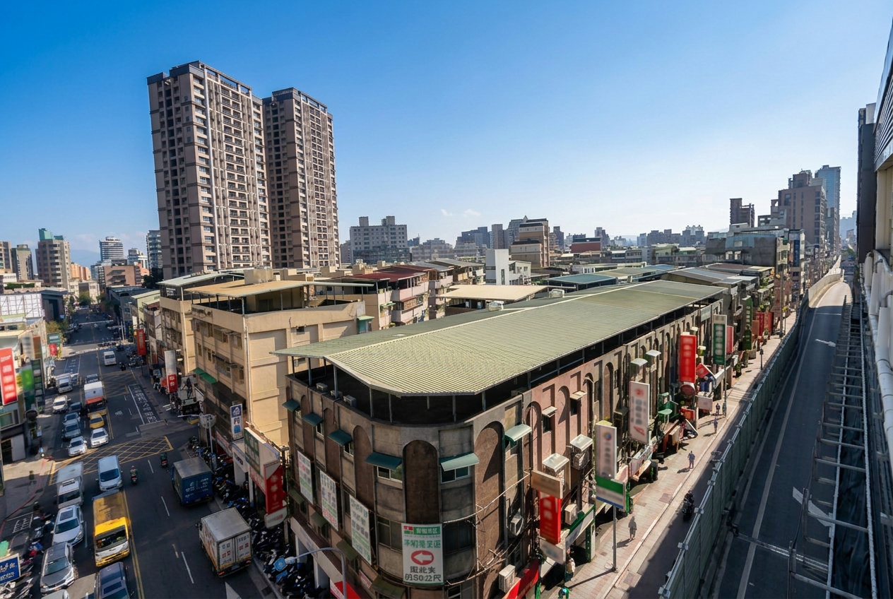 南勢角新舊建築對比街景,體現老城區更新與成長的過程