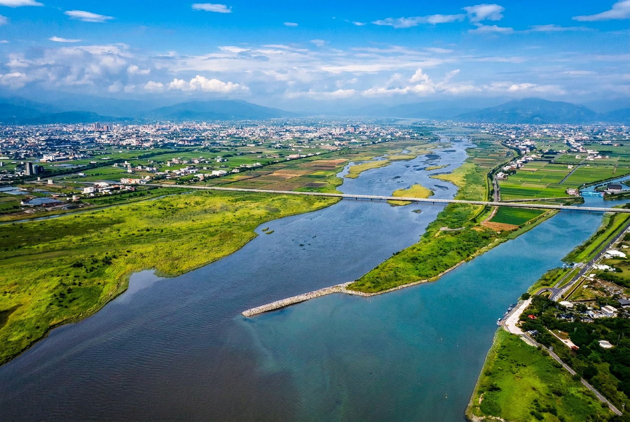 蘭陽溪空拍,橋橫跨、兩岸田野