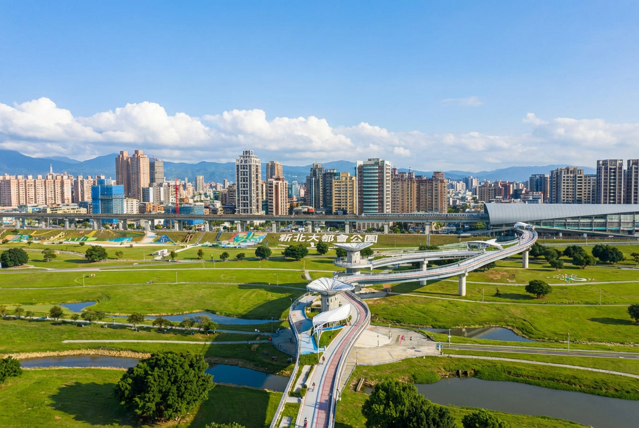 新北大都會公園辰光橋空拍水岸景觀