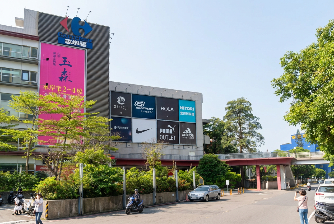 家樂福三重重新店外觀，二重左岸居民量販採買需騎車前往的主要選項