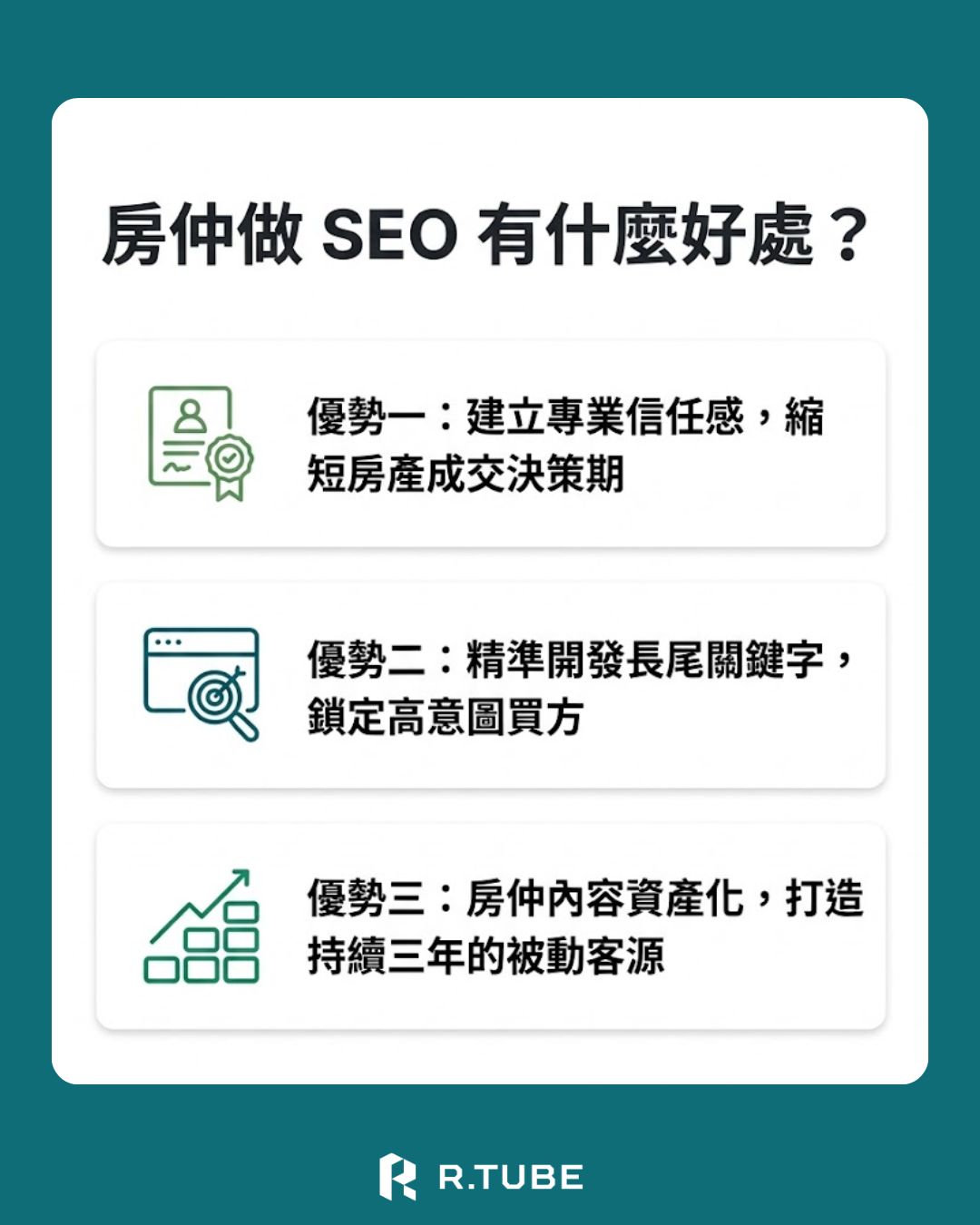 房仲做 SEO 有什麼好處？  優勢一：建立專業信任感，縮短房產成交決策期  優勢二：精準開發長尾關鍵字，鎖定高意圖買方  優勢三：房仲內容資產化，打造持續三年的被動客源  這就是數位資產的複利效應：時間越久，你的內容庫越豐富，自然流量的護城河越深，競爭對手越難超越。