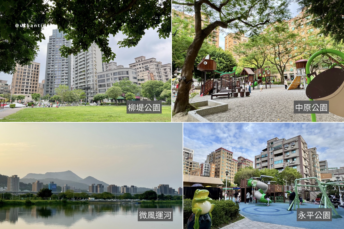 蘆洲長榮路生活圈熱門特色公園:柳堤公園、中原公園、新北大都會公園(微風運河)、永平公園