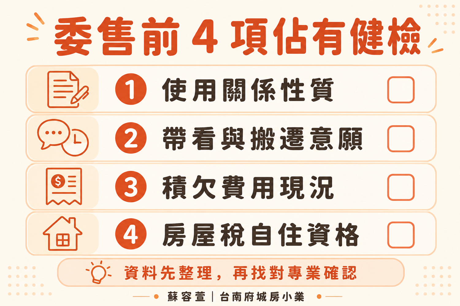 房子借人住委售前的 4 項佔有健檢清單（台南府城房小美）