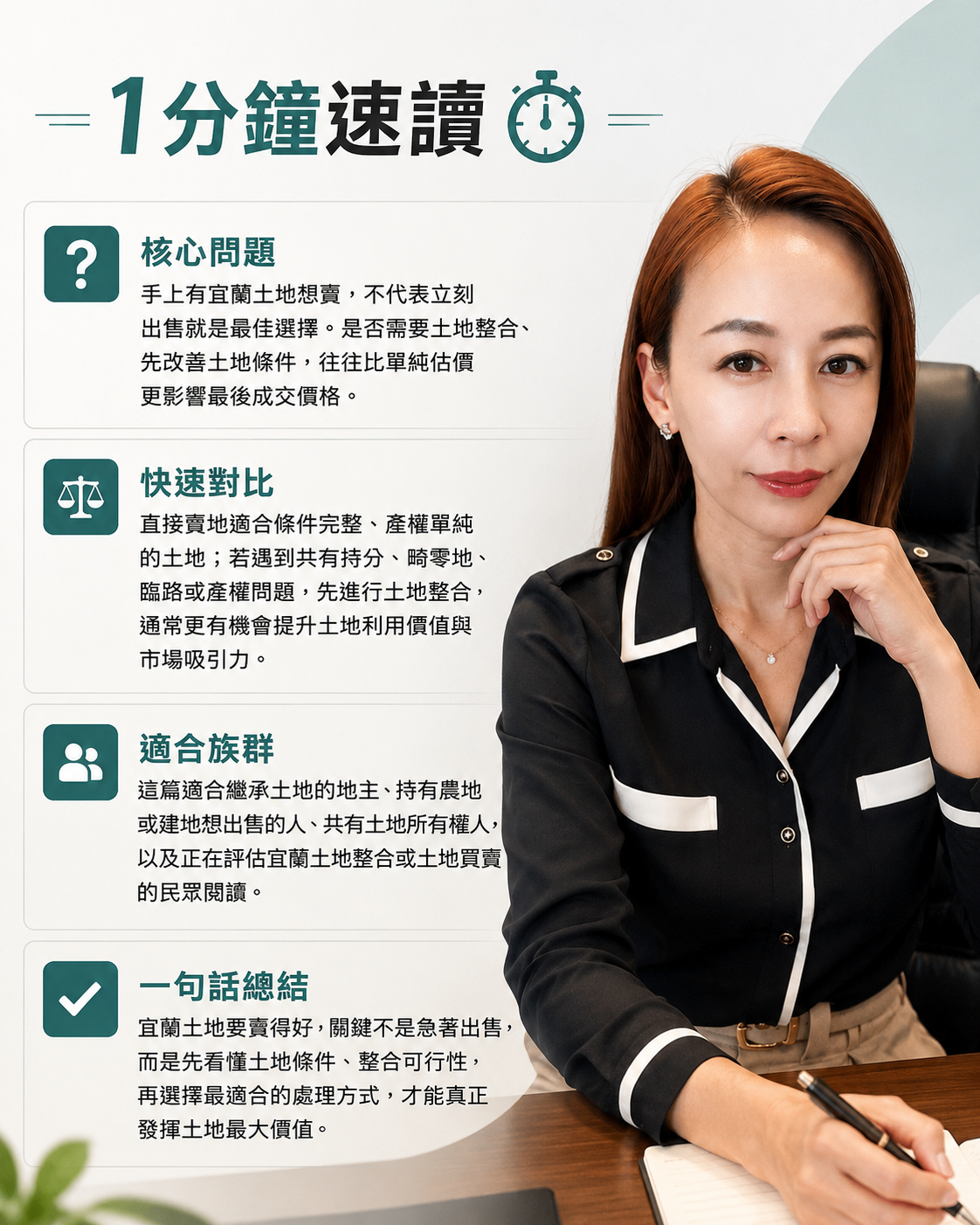 1分鐘速讀 核心問題 手上有宜蘭土地想賣,不代表立刻出售就是最佳選擇。是否需要土地整合、先改善土地條件,往往比單純估價更影響最後成交價格。 快速對比 直接賣地適合條件完整、產權單純的土地;若遇到共有持分、畸零地、臨路或產權問題,先進行土地整合,通常更有機會提升土地利用價值與市場吸引力。 適合族群 這篇適合繼承土地的地主、持有農地或建地想出售的人、共有土地所有權人,以及正在評估宜蘭土地整合或土地買賣的民眾閱讀。 一句話總結 宜蘭土地要賣得好,關鍵不是急著出售,而是先看懂土地條件、整合可行性,再選擇最適合的處理方式,才能真正發揮土地最大價值。