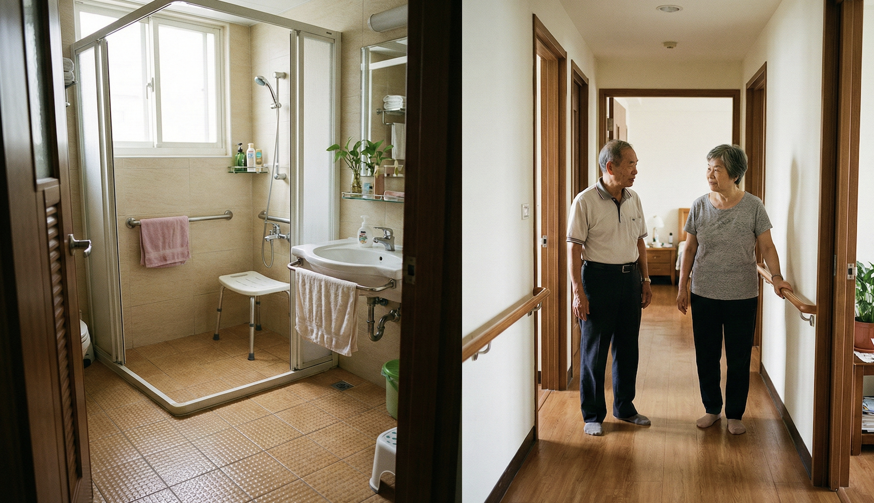 樂齡住宅浴室與走道設計,呈現防滑、扶手與無高低差的省力動線