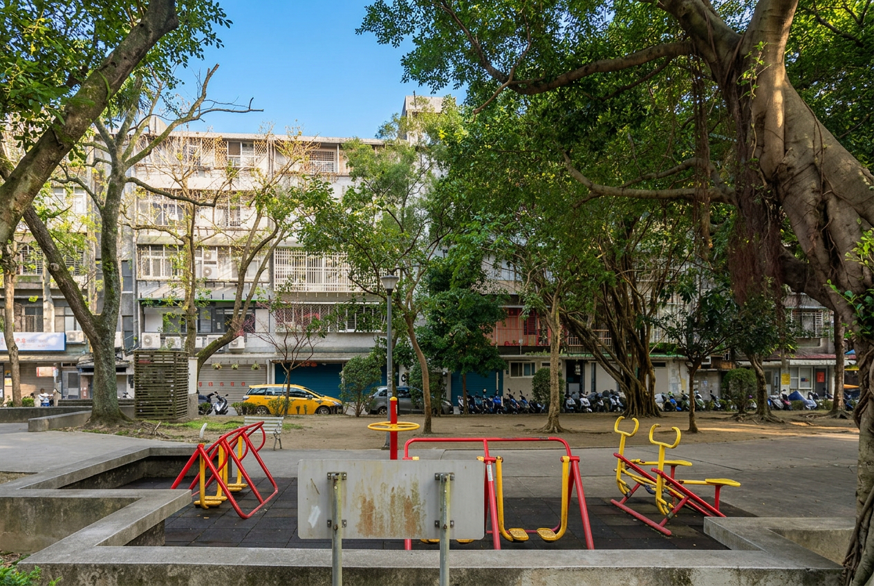 七張站前的瑠公公園綠地,提供都會中短暫放鬆的空間