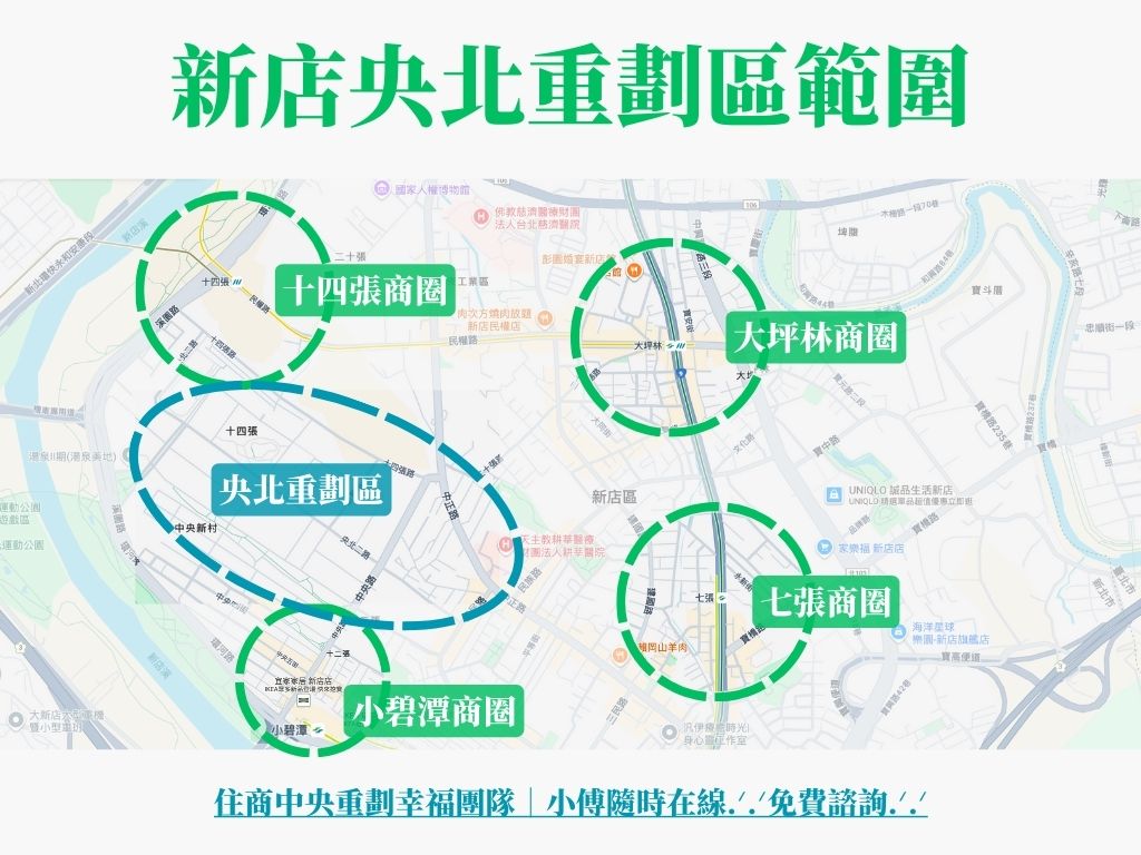 新店央北重劃區範圍：周圍有十四張商圈、大坪林商圈、七張商圈、小碧潭商圈。住商中央重劃幸福團隊｜小傅隨時在線.ᐟ.ᐟ免費諮詢.ᐟ.ᐟ