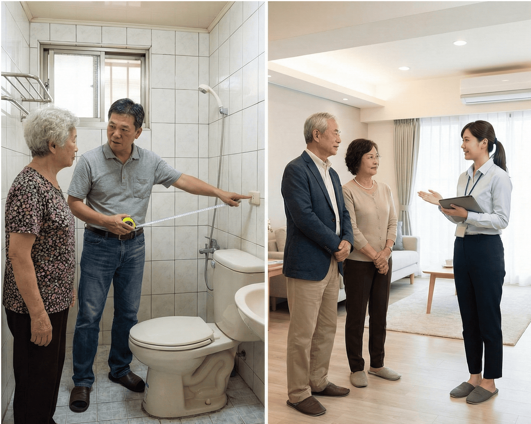 左圖為老屋浴室翻修丈量情境,右圖為參觀樂齡住宅公共空間的實際畫面