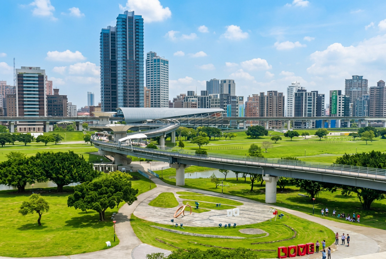 新北大都會公園辰光橋空拍水岸景觀