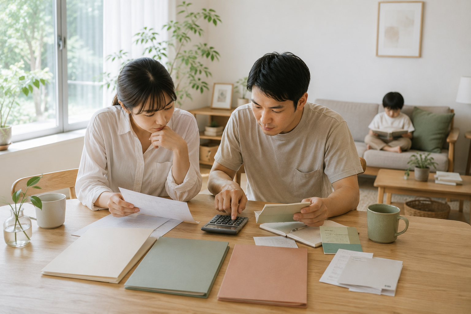 台灣首購夫妻在明亮餐桌上整理家庭購屋資金,桌面自然排列三個簡約資料夾、存摺、房屋文件、計算機與生活帳單,三個資料夾分別以不同柔和色彩區分購屋費用、入住準備與緊急預備金,不出現可辨識文字或數字,兩人一起核對內容,背景能看見孩子在客廳閱讀,柔和自然窗光、淺色原木、白牆與植栽,真實家庭生活感