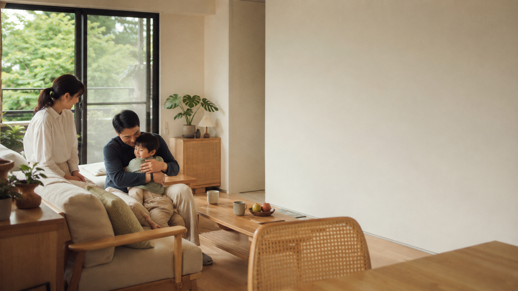 台灣現代住宅的溫暖客廳，一位 40 歲左右的台灣父親坐在原木沙發旁，輕輕擁抱年幼孩子，母親在一旁自然微笑，午後柔和窗光灑入室內，大片窗戶連接陽台綠意，米白牆面、淺色原木、藤編家具與少量植栽，真實居住痕跡
