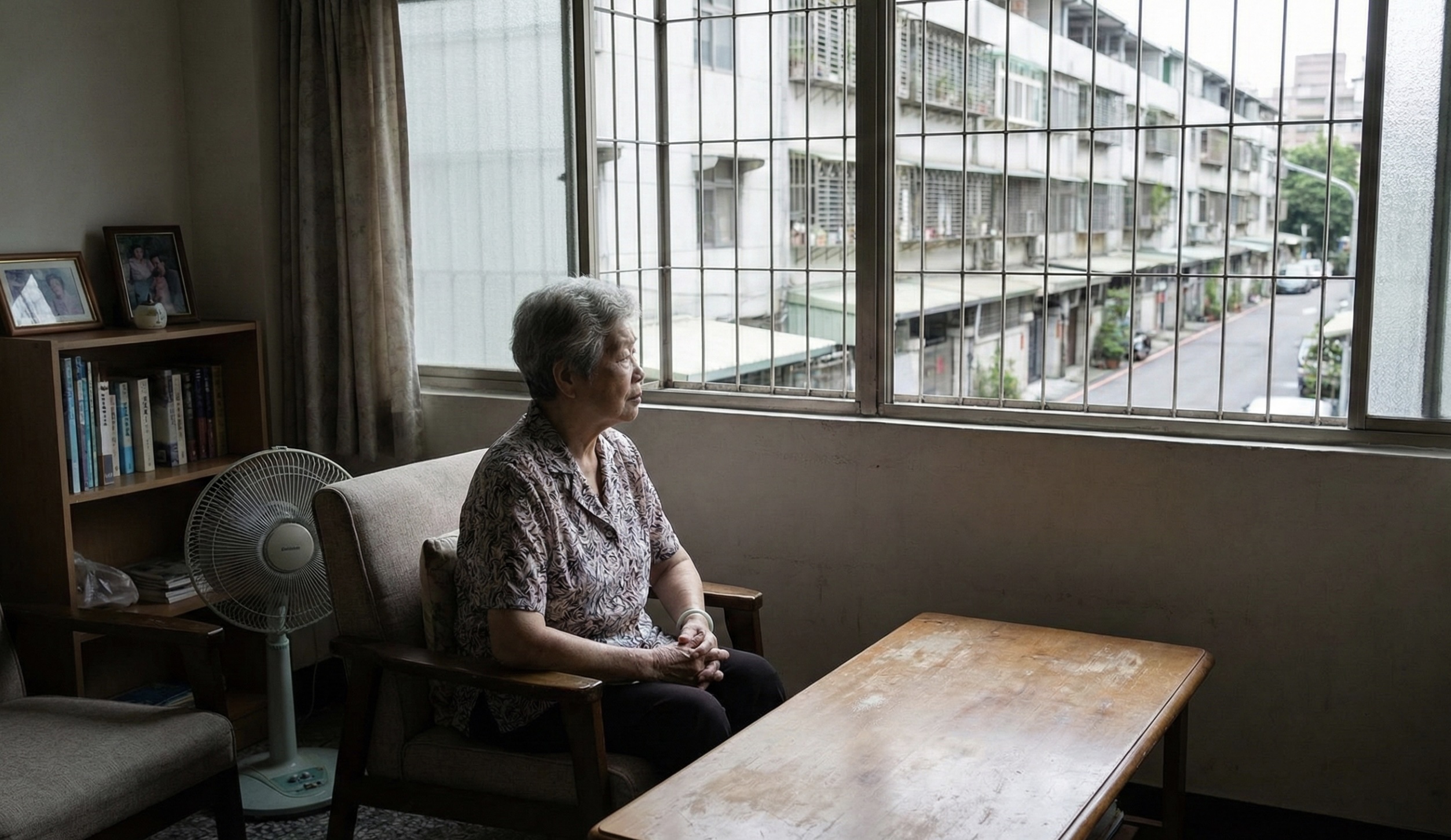 一位中高齡者坐在自家客廳窗邊,正在思考「搬或不搬」