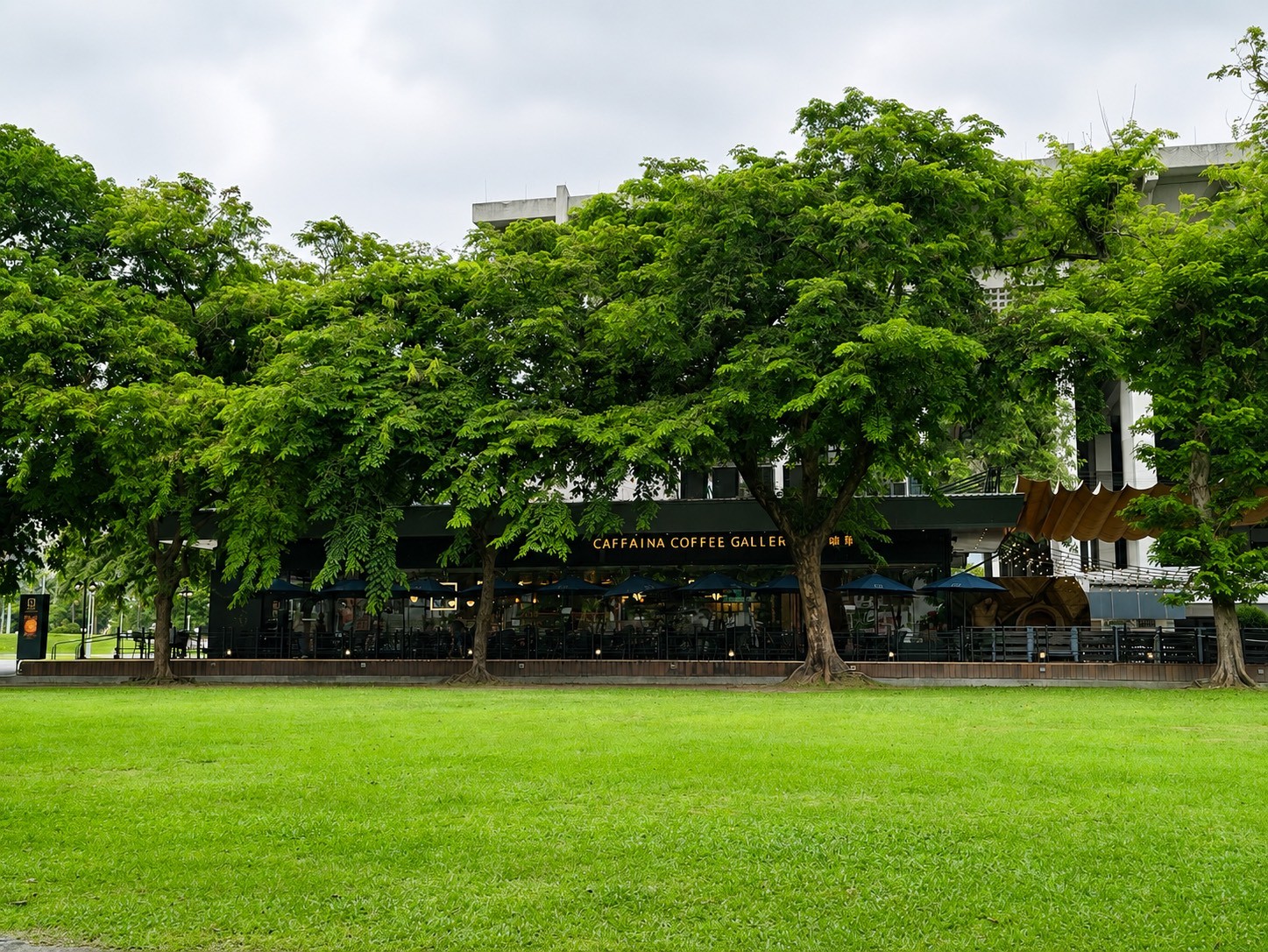 文化中心周邊街景與綠地空間,呈現成熟市中心住宅可實際使用的休憩氛圍。
