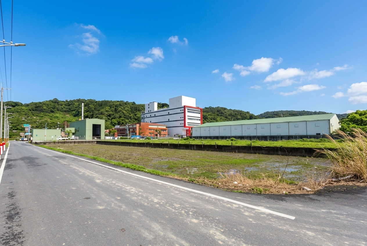 緊鄰蘇澳交流道,臨 25 米大馬路,稀有帝王座向、大面寬工業地