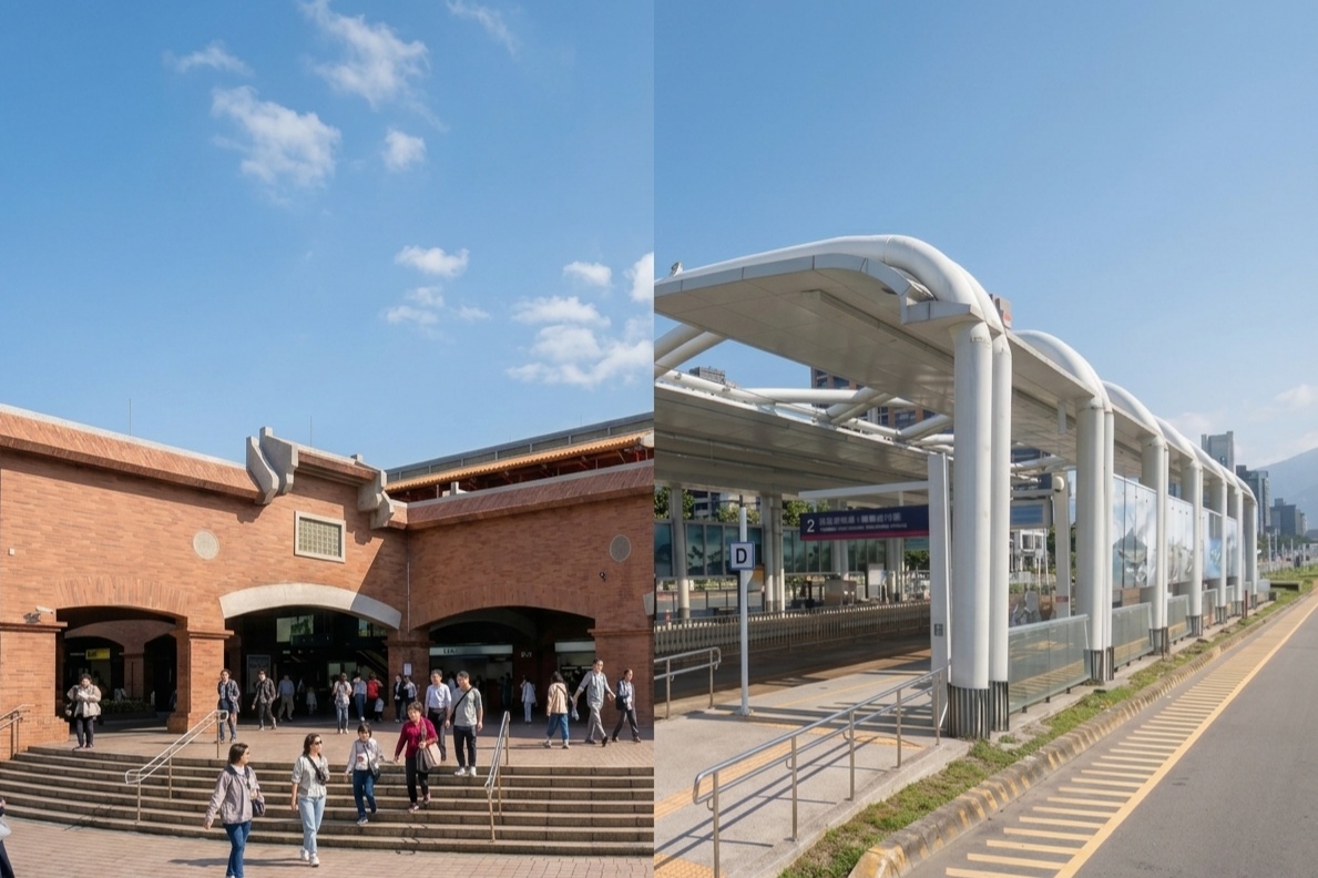 淡水捷運站月台與淡海輕軌站的對比