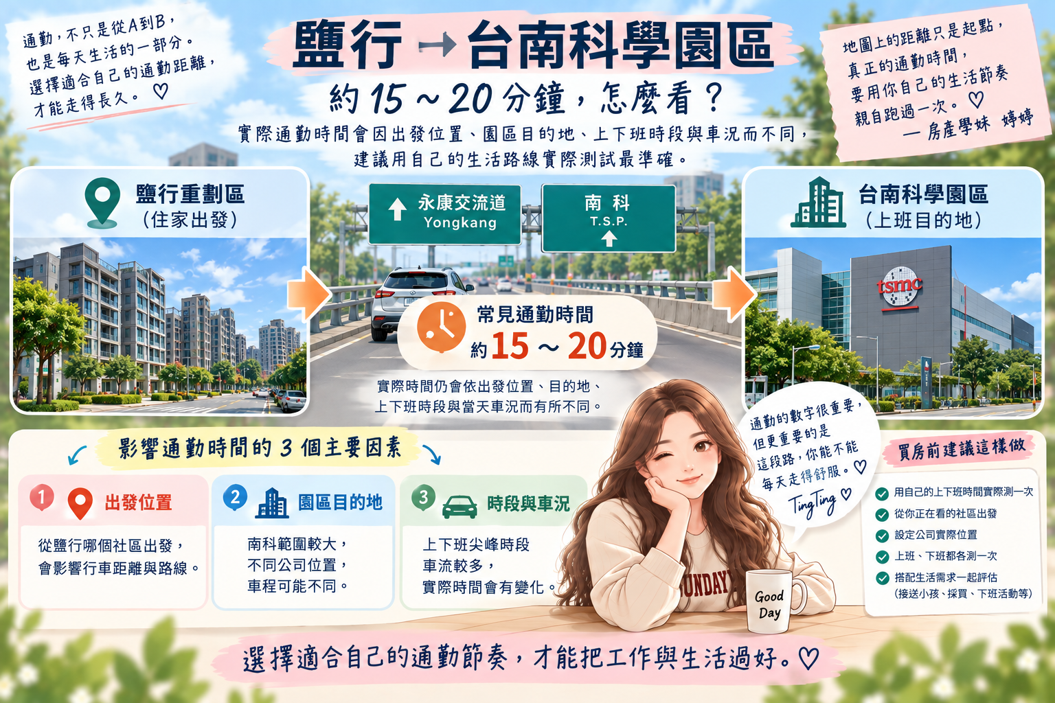 鹽行到台南科學園區通勤約15至20分鐘,實際時間依出發位置、園區目的地與尖峰車況不同