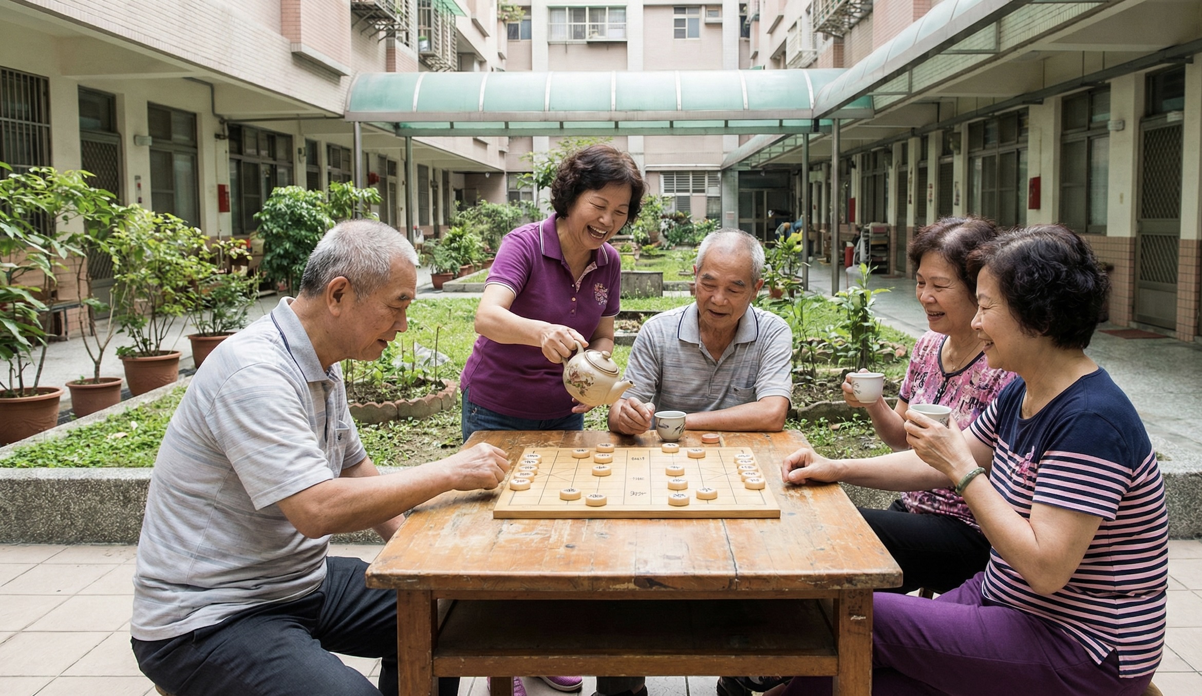 中高齡者在樂齡住宅公共空間聊天與互動,形成穩定的小型社群