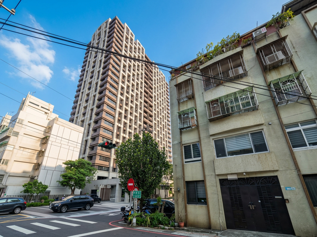 新莊舊市區內稀缺的都更新建案，與周邊老舊建築形成強烈對比