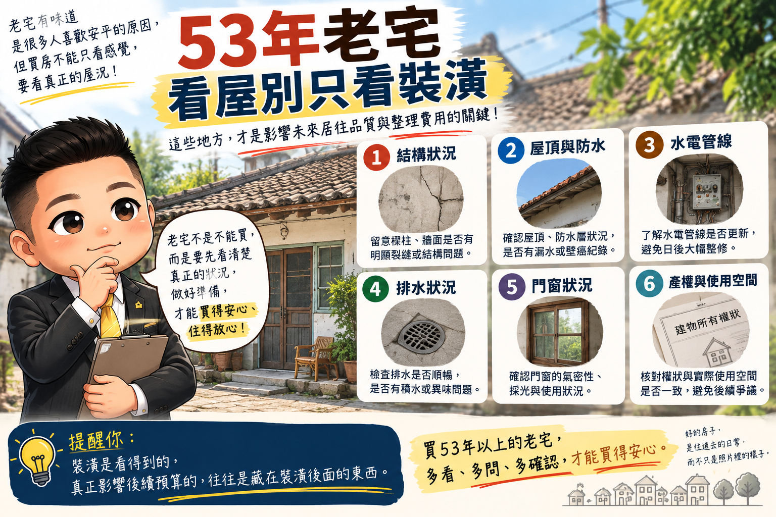 50年以上老屋實際看屋時,除了裝潢,也要把防水、水電、屋況及增改建情形一起確認。