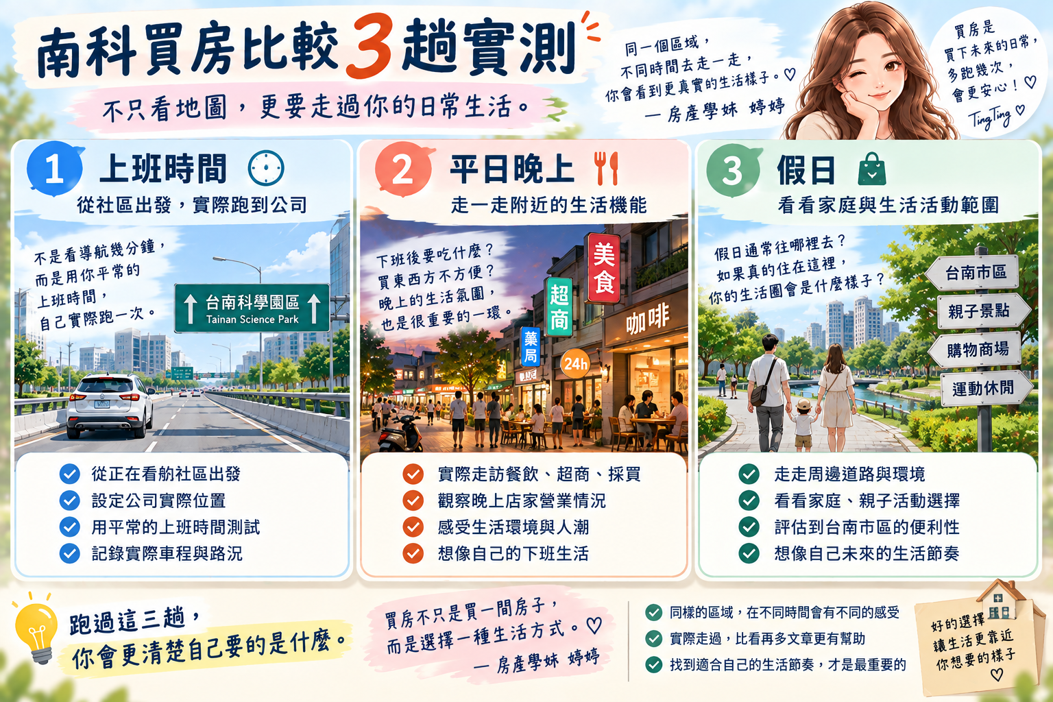 南科買房比較三趟實測，從上班通勤、平日晚間生活機能到假日家庭活動，實際比較居住生活動線
