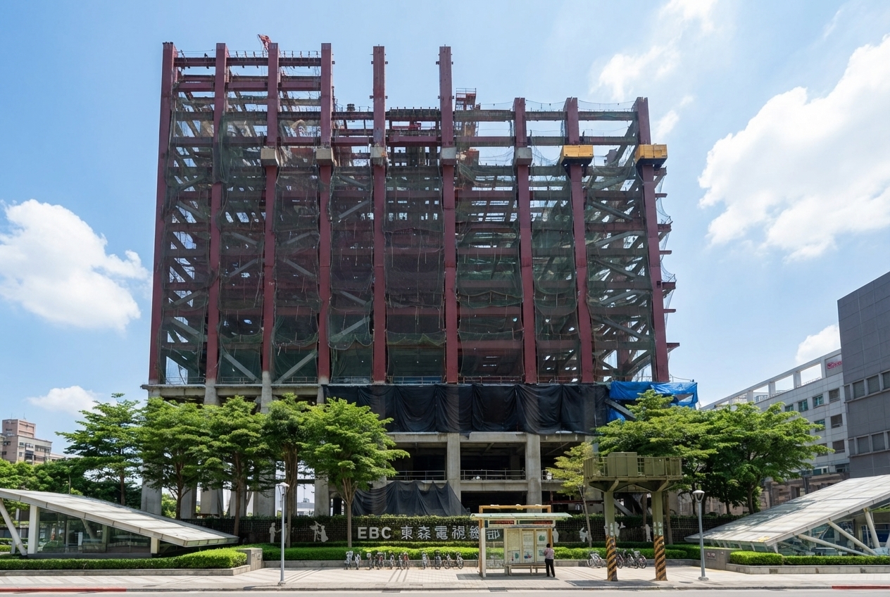 東森集團總部大樓外觀，二重左岸媒體科技產業聚落重要地標