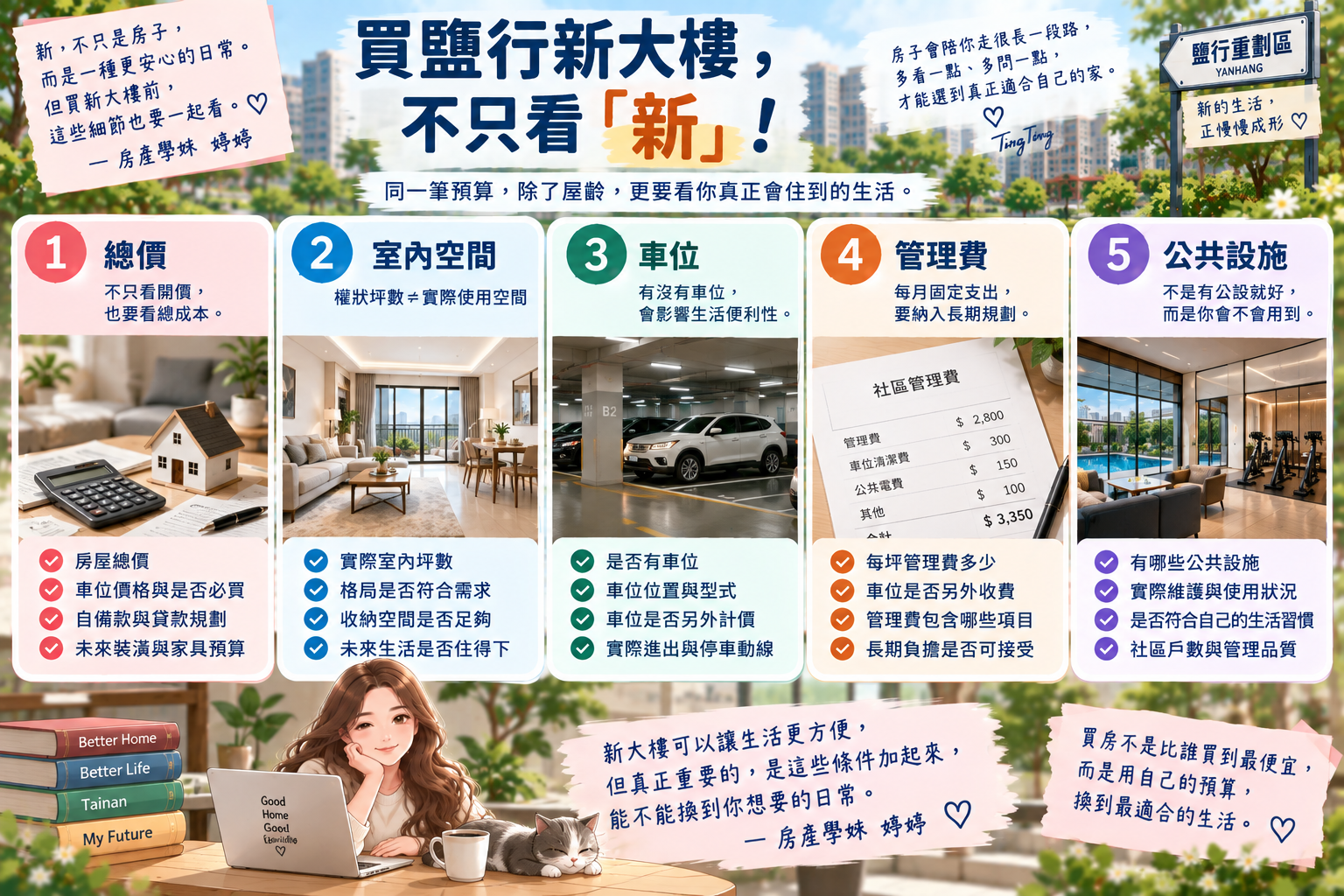 鹽行新大樓買房五個比較重點,包含總價、室內空間、車位、管理費與社區公設