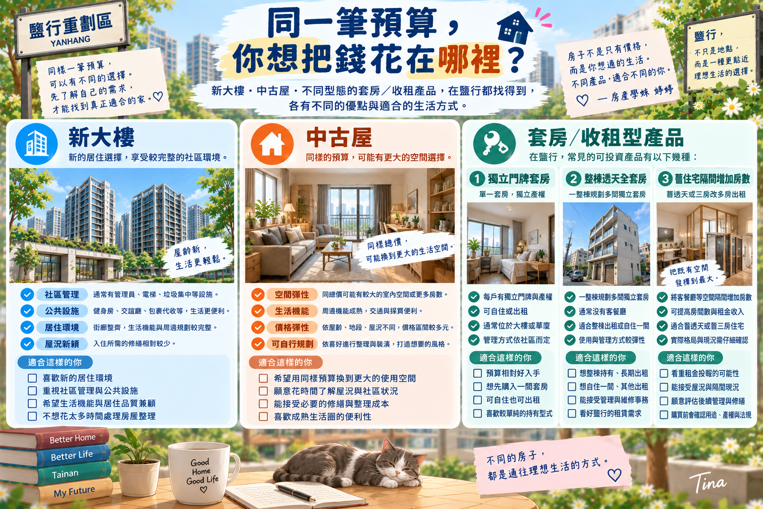 鹽行新大樓、中古屋與套房收租型產品比較,包含獨立門牌套房、整棟透天多套房與舊住宅隔間出租產品