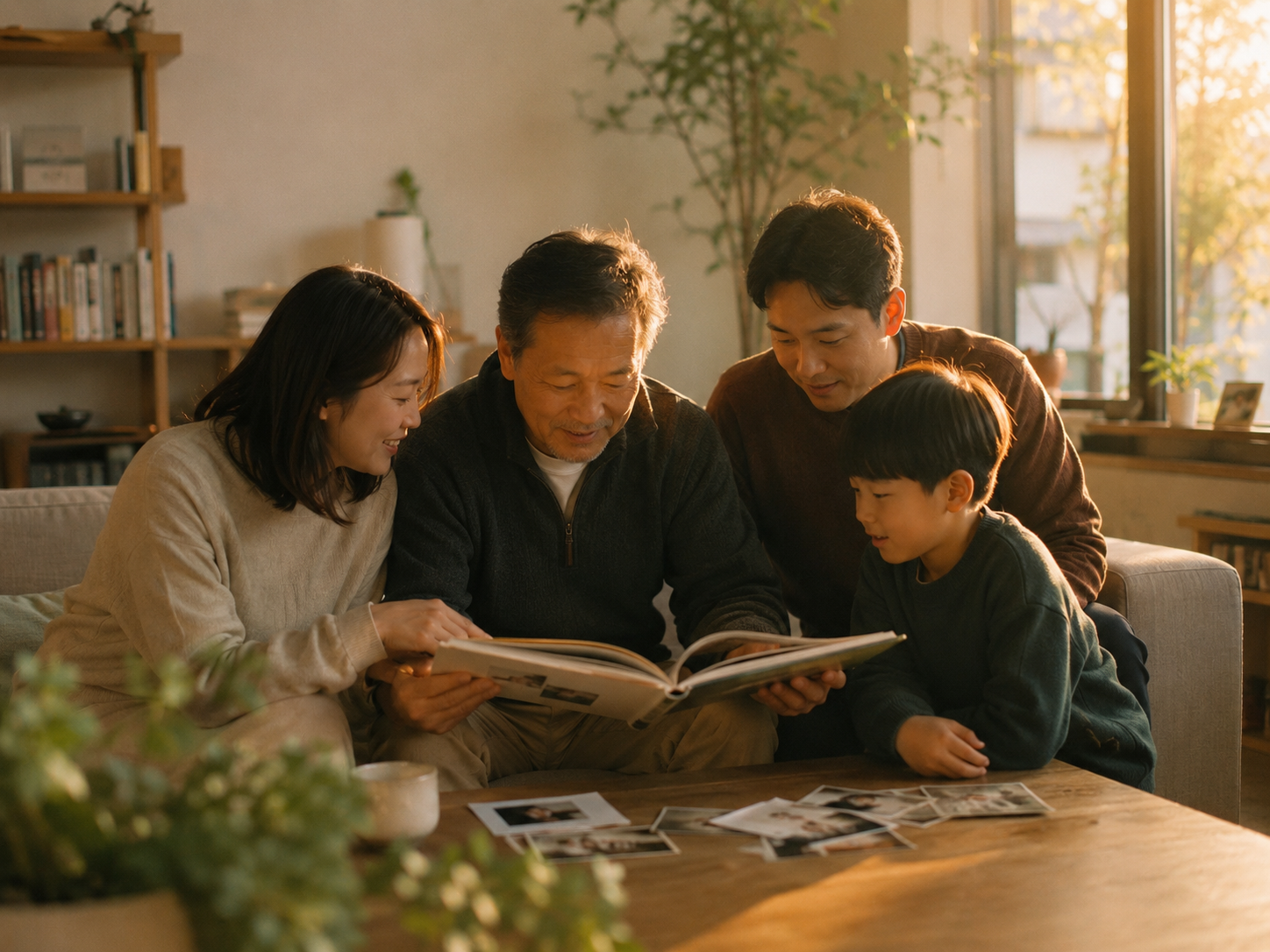 傍晚的台灣家庭客廳，一位年長父親坐在淺灰布沙發上，與成年子女及孩子一起翻看紙本家庭相簿，茶几散放幾張舊照片與一杯熱茶，眾人低頭微笑、互動自然，窗外柔和夕陽進入室內，原木家具、米白牆面、書架、植物與生活用品，安靜而有情感的家庭時光