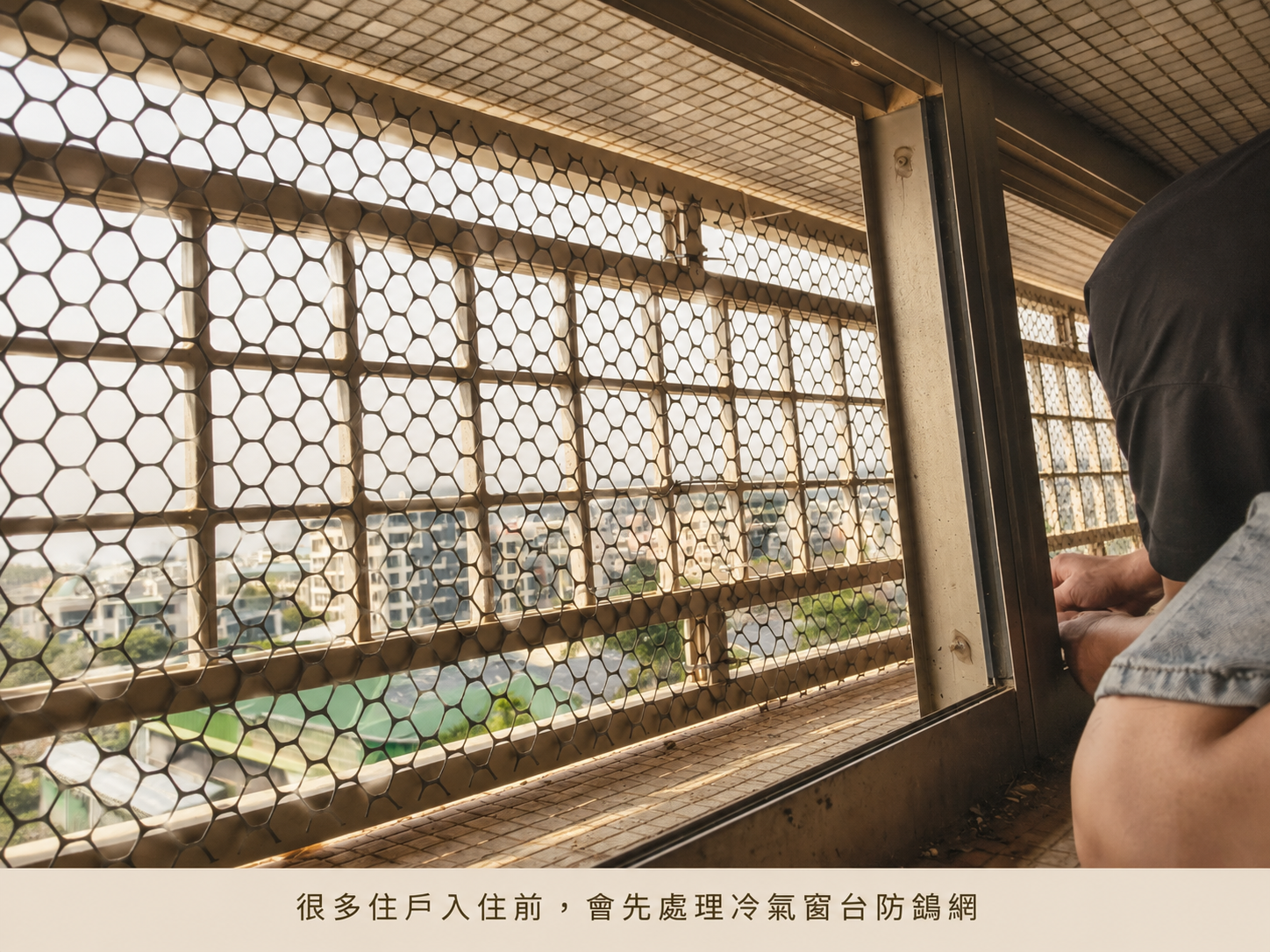 alt="台南大林國宅冷氣窗台防鴿網施工實景,老社區常見鴿子問題與居住細節"