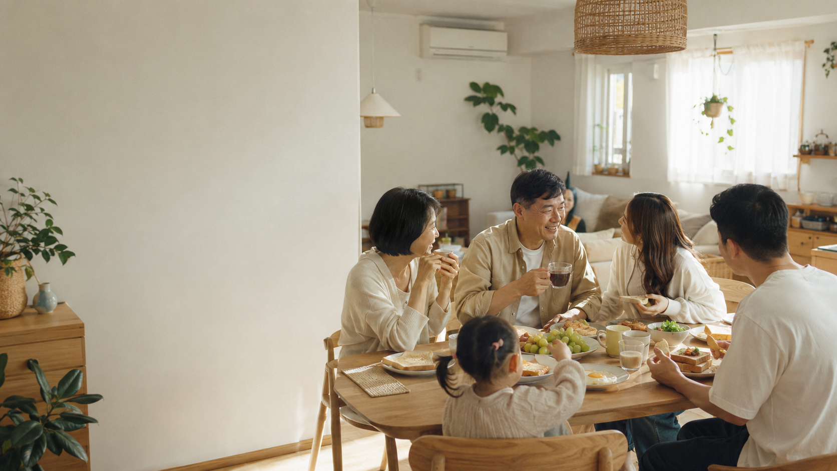 台灣家庭在父親節早晨圍坐原木餐桌，一位中年父親與伴侶、成年子女及年幼孫子一起吃簡單早餐，桌上有吐司、煎蛋、水果、咖啡與茶，家人自然交談，不看鏡頭，柔和晨光從窗戶灑入，白牆、淺色原木、藤編與綠色植栽，真實居住痕跡