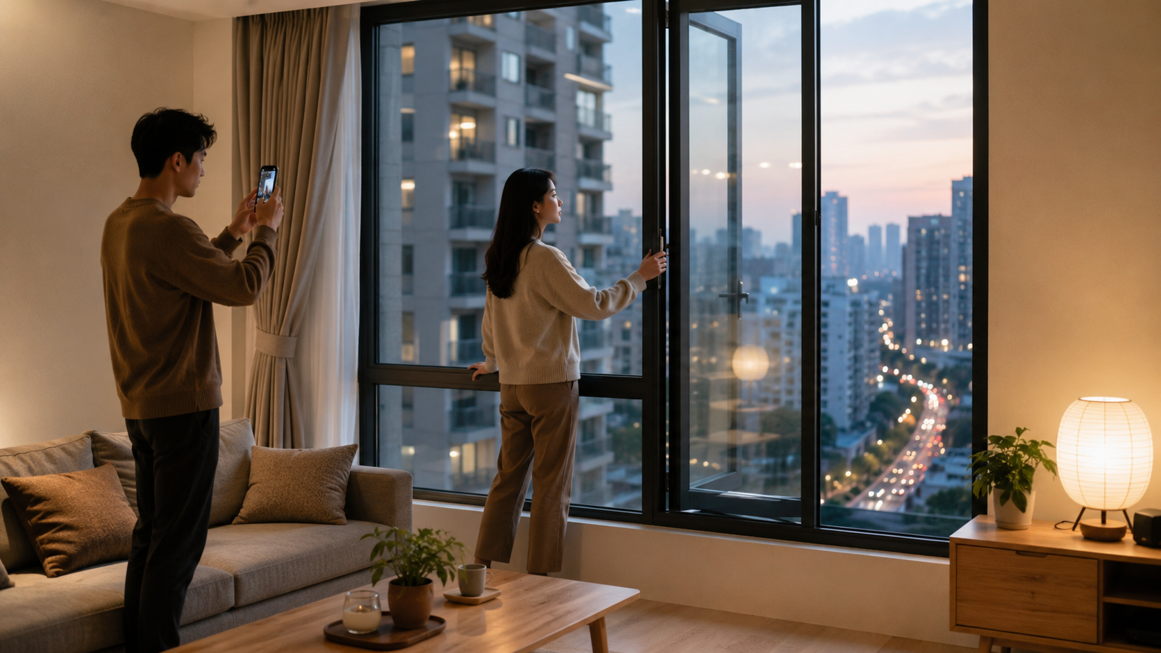 台灣購屋族在傍晚檢查高樓景觀住宅，一人站在落地窗旁感受開窗後的風與聲音，另一人拿手機記錄採光、棟距與窗框狀況，窗外可見鄰近住宅、道路車流與城市燈光，室內燈光在玻璃上形成輕微真實反射，溫暖自然的生活感